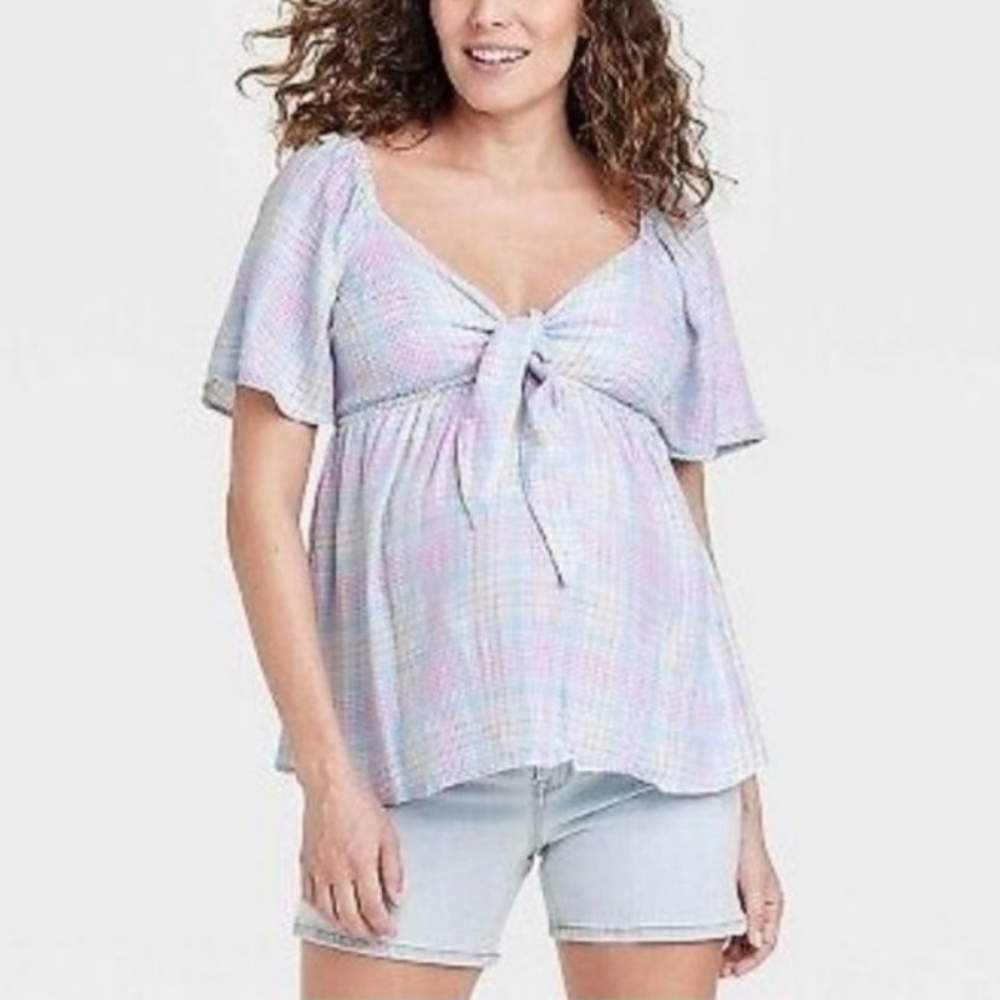 Isabel Maternity Peek-A-Boo Woven Maternity Top with Tie Front
